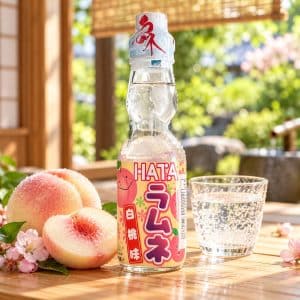Archives Bottle of peach-flavored drink labeled 'HATA' on a wooden table with peaches, blossoms, and a glass of sparkling water outdoors.