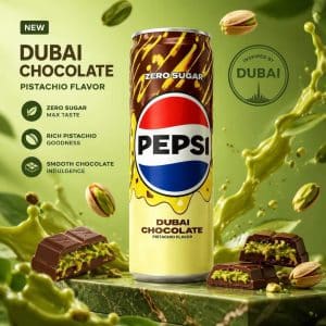 Archives Can of Pepsi Dubai Chocolate Pistachio flavor with 'Zero Sugar' on the label, surrounded by pistachios and chocolate pieces on a green background.