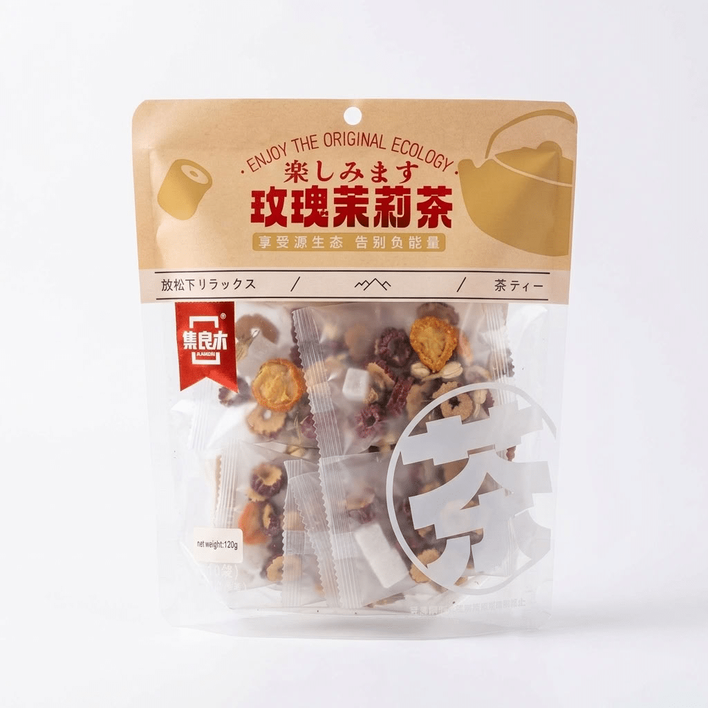 RoseJasmineTeaonwhitebackgroundpng | Snack Affair Archives Clear snack bag with cookies visible inside and a beige top label featuring red Japanese text.