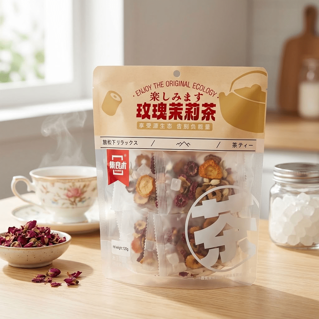 RoseJasmineTeapic1png | Snack Affair Archives Resealable plastic bag of Japanese snack cookies on a wooden table, with a steaming cup and jar in the background.