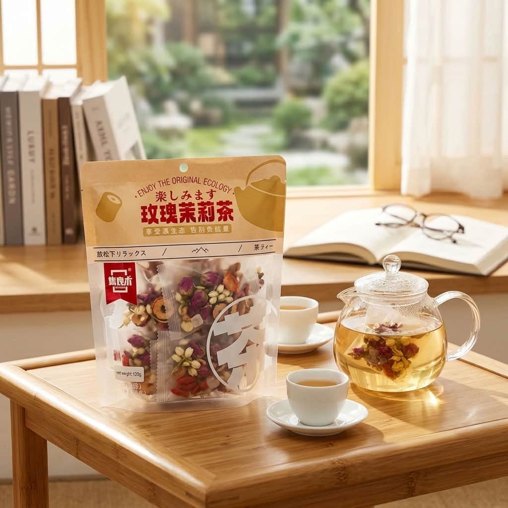 RoseJasminepic3jpg | Snack Affair Archives Dried herbal tea packet on a wooden table with a glass teapot and two cups; open book and glasses in the background.