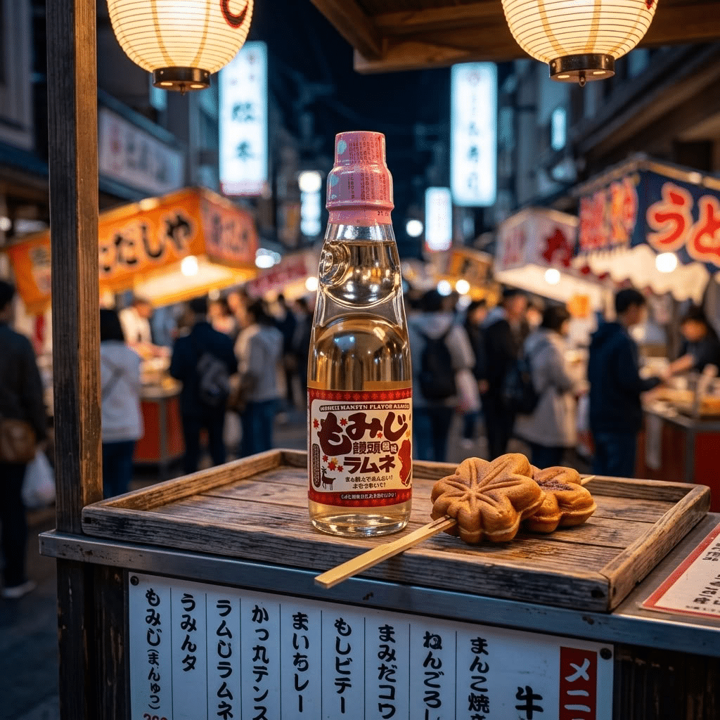 Saito Momiji Manju Flavored Ramune Soda 200ml lifestyle | Snack Affair Archives Night market stall in Japan with hanging lanterns, a bottle on a wooden tray, and flower-shaped pastries; crowd blurry in the background.