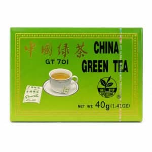 Archives Bright green box of Chinese green tea with gold decorative border and a teacup illustration on white background