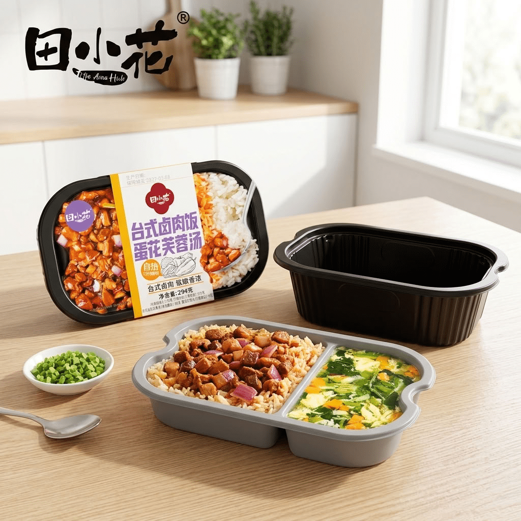 Tian Xiao Hua SelfHeating Taiwanese Braised Pork Rice with Egg Drop Soup 294g cooked2 | Snack Affair Archives Two-compartment bento tray with rice and vegetables, opened packaging in background on a wooden table in a bright kitchen scene.