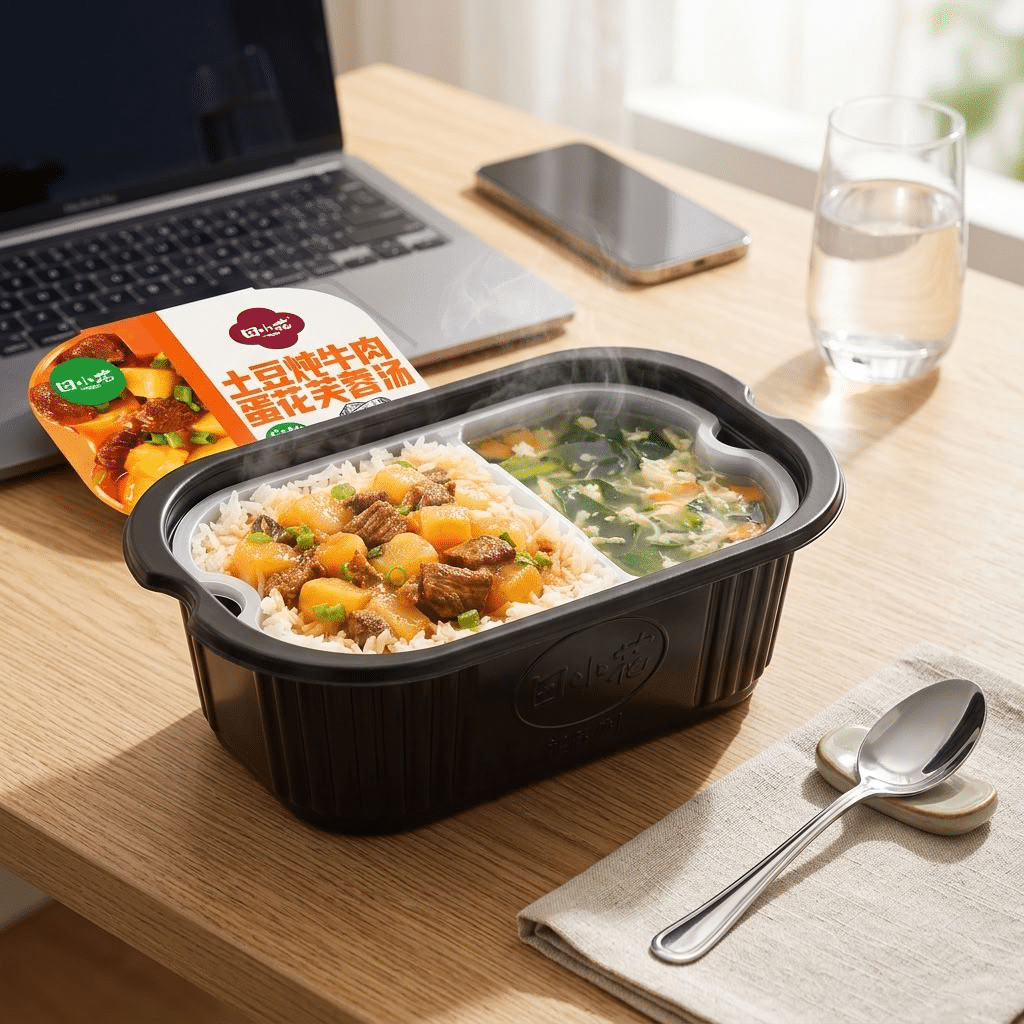 Tian Xiao Hua selfheating potato beef rice open | Snack Affair Archives Ready-to-eat bento with beef, rice, and vegetables in a black plastic lunch box, paired with a separate soup section, steaming on a wooden table beside a laptop, phone, and glass of water.