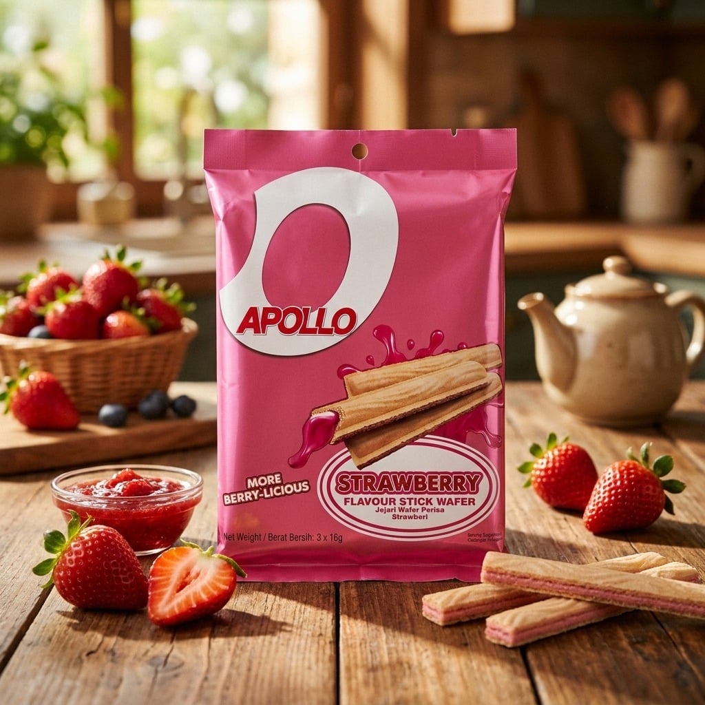 apollostrawberryflavourstickwafer3x16glifestyle | Snack Affair Archives Pink Apollo strawberry wafer bag on a wooden table with fresh strawberries and a jar of jam in a bright kitchen scene showing the product as the focus.