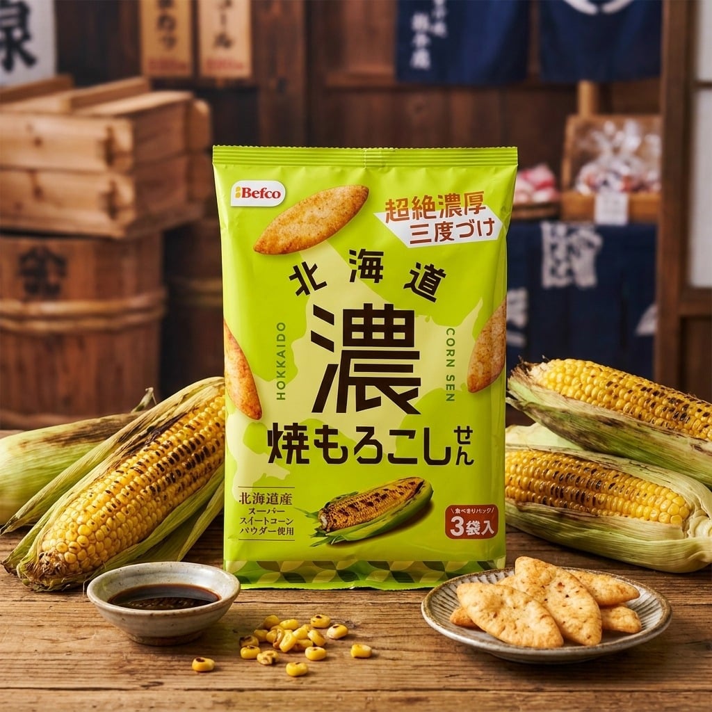 befcohokkaidonouyakimorokoshisen3bagslifestyle | Snack Affair Archives Bright green Japanese corn snack bag on a wooden table with corn cobs and a plate of crackers nearby.