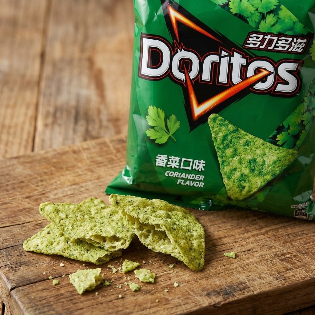 doritoscorianderflavor226gcloseup | Snack Affair Archives Doritos coriander-flavored tortilla chips spilled on a wooden surface beside a green Doritos bag with its logo visible on the bag.