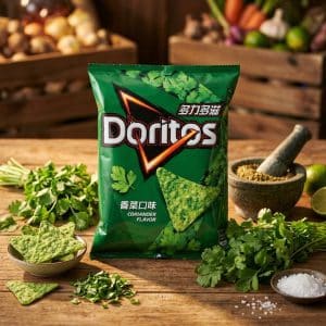 Archives Doritos coriander flavor snack bag on a wooden table with fresh cilantro and herbs in a rustic kitchen setting.