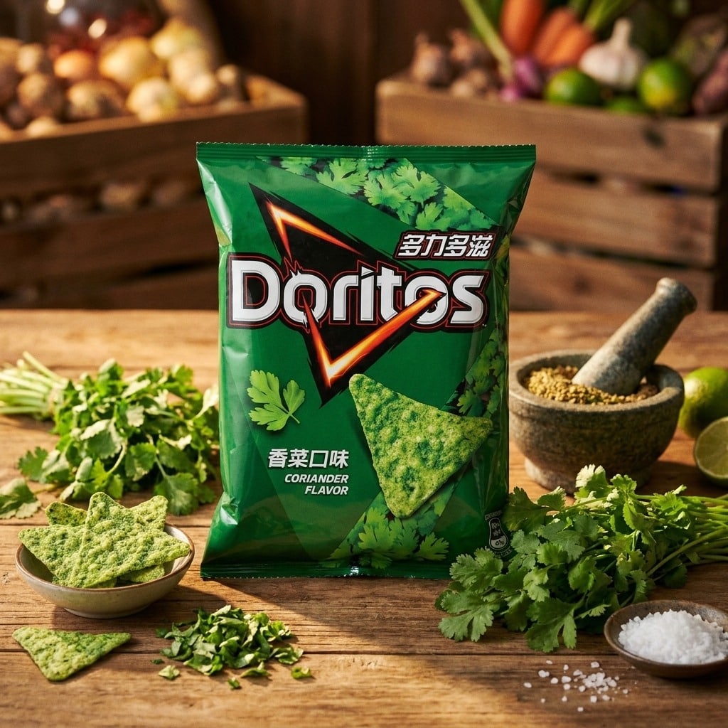 doritoscorianderflavor226glifestyle | Snack Affair Archives Doritos coriander flavor snack bag on a wooden table with fresh cilantro and herbs in a rustic kitchen setting.