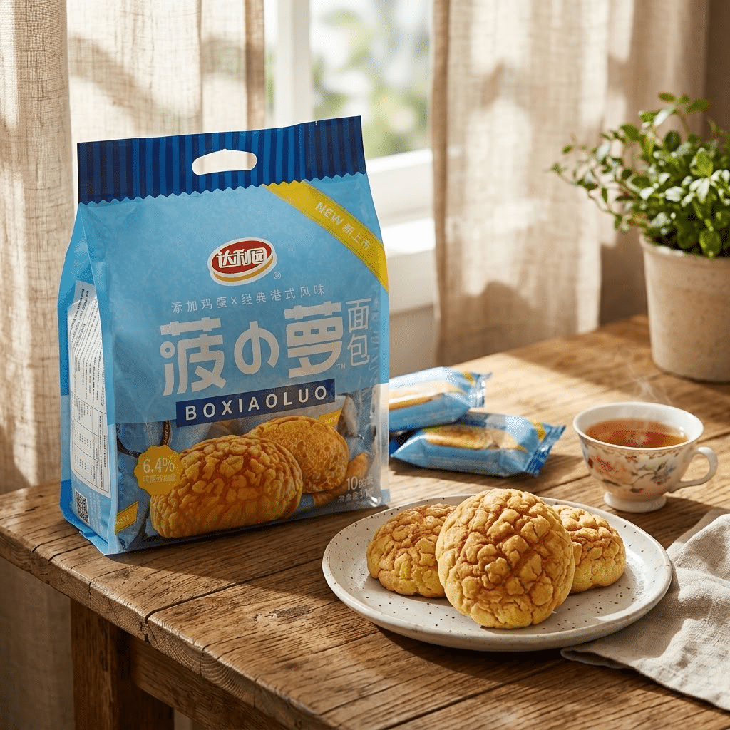 hk style pineapple bread 2 | Snack Affair Archives Blue snack package on a wooden table beside a plate of cracked-crusted pastries, with a teacup and a potted plant in soft sunlight.