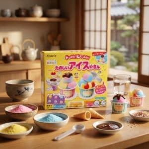 Archives Bright yellow Kracie Popin Cookin ice-cream kit on a wooden table with pastel powders, cones, and toy cups nearby.