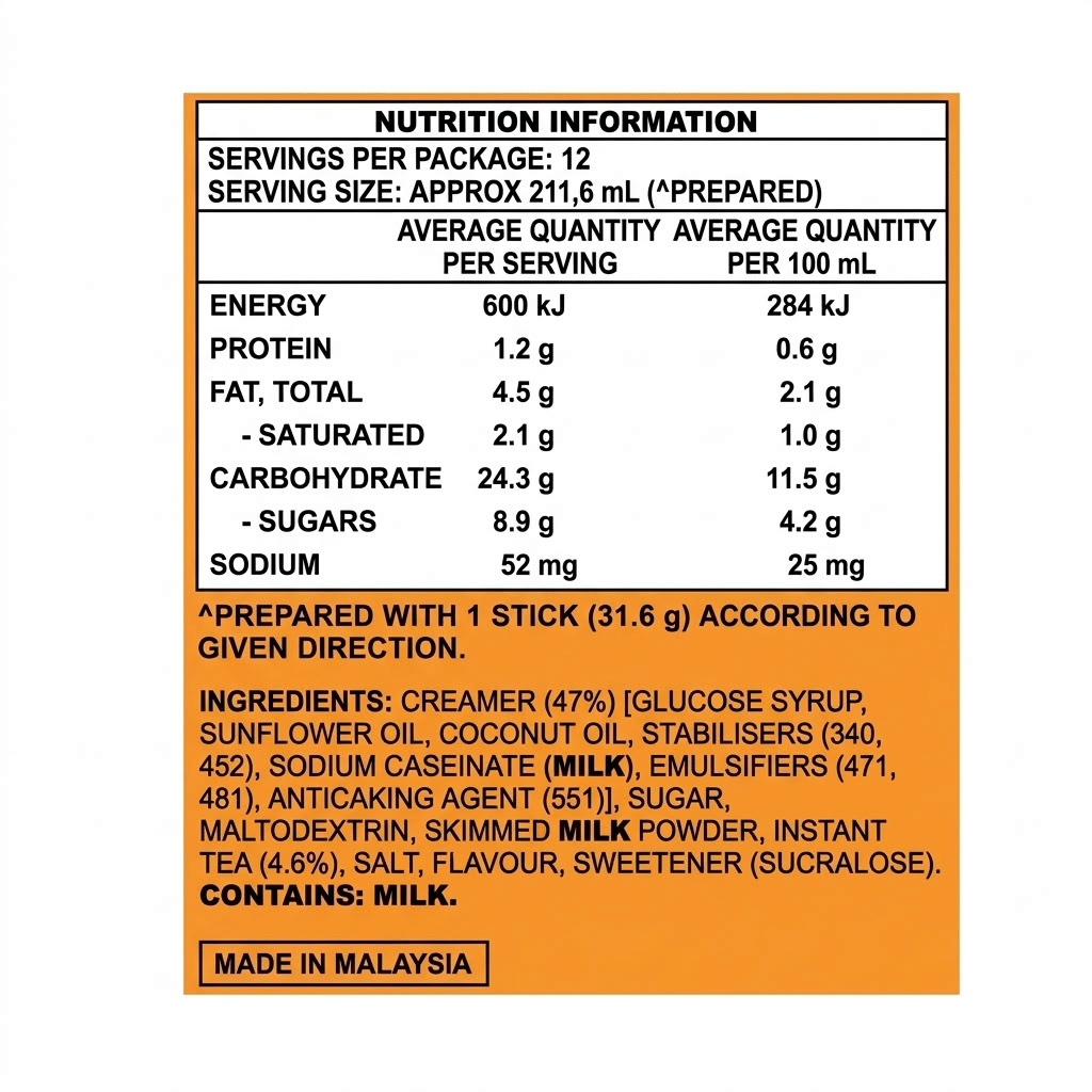 oldtownmilktealabelpng | Snack Affair Archives Nutrition label on an orange package showing servings, per-serving and per-100 mL values (energy, protein, fat, carbs, sugars, sodium) with ingredients; contains milk; Made in Malaysia.