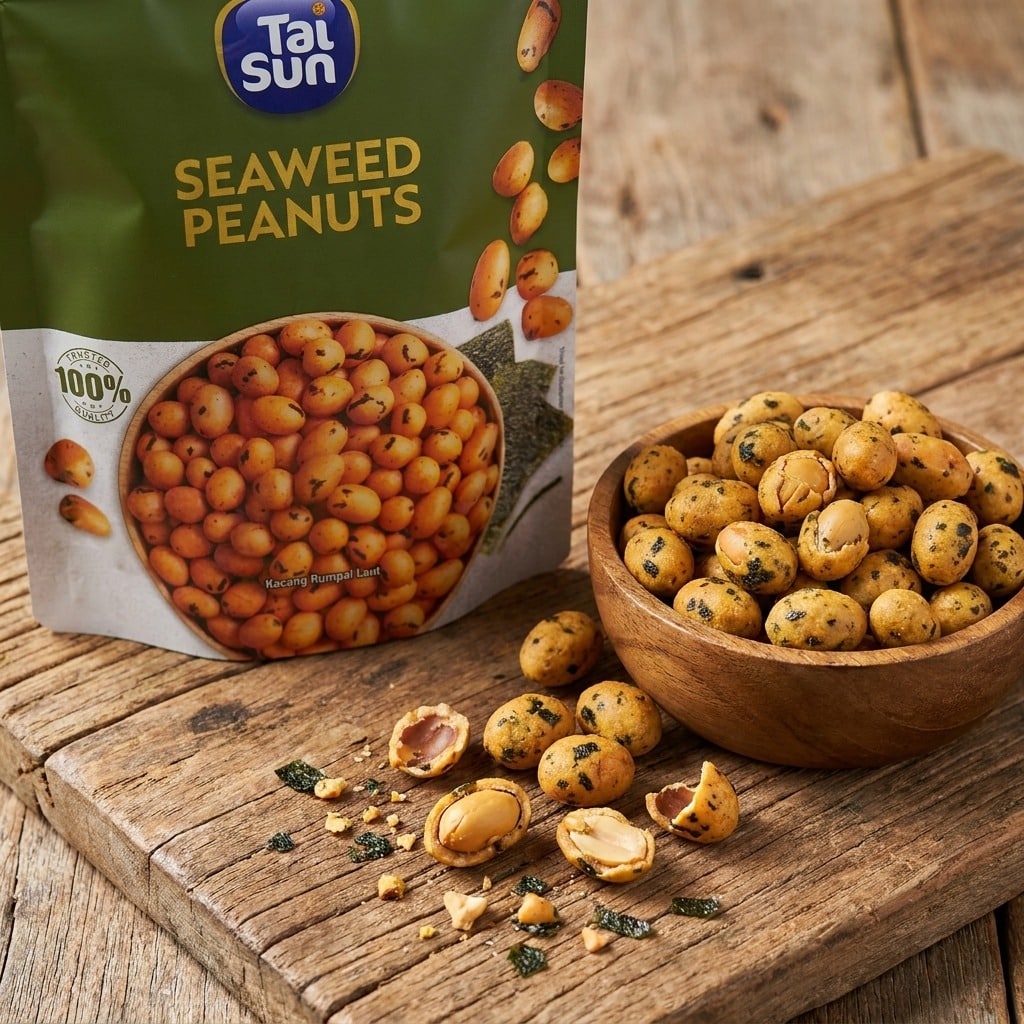taisunseaweedpeanuts2closeup | Snack Affair Archives Bag of Tal Sun seaweed peanuts beside a bowl of roasted peanuts on a rustic wooden table