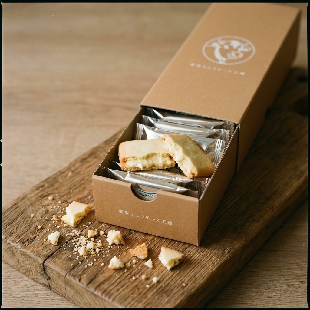 tokyomilkcheesefactorycookieunknownsizecloseup | Snack Affair Archives Box of cookies with individually wrapped biscuits on a wooden board; a broken cookie rests on top showing creamy filling (Japanese packaging behind).