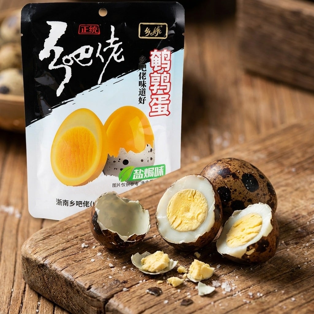 unknownproductquaileggs180gcloseup | Snack Affair Archives Hard-boiled eggs with peeled shells on a wooden board beside a black-and-white snack package with Chinese branding.