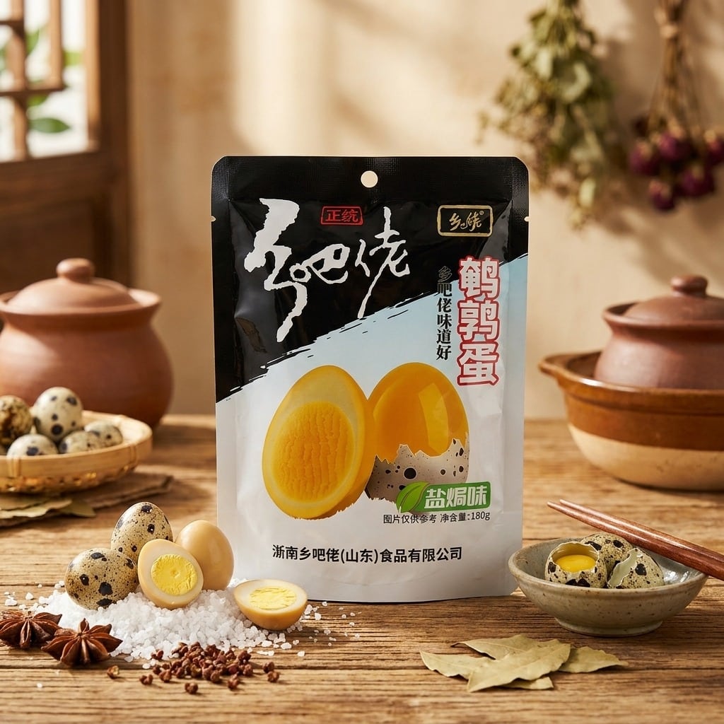 unknownproductquaileggs180glifestyle | Snack Affair Archives Front of a bag of salt-preserved duck eggs with halved yolks on a wooden table, surrounded by eggs and spices.